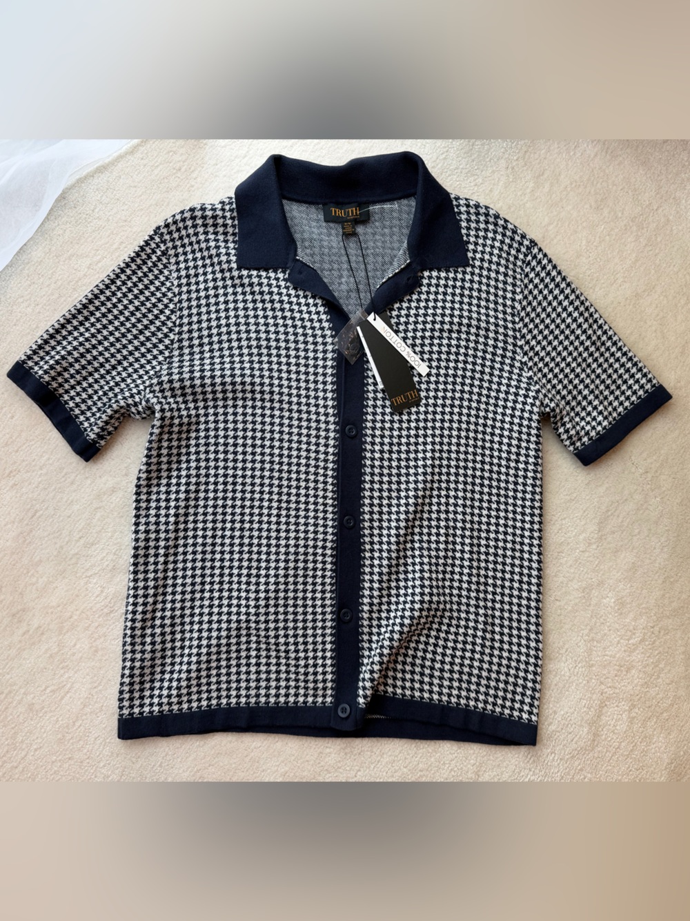 BNWT Truth Navy White Houndstooth Short-Sleeve Front Button Down Knit Polo Shirt